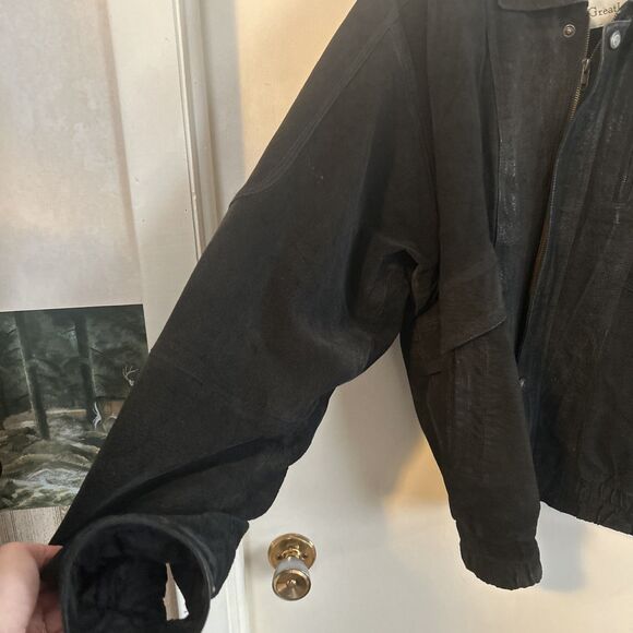 Black suede leather bomber jacket Greatland Size Large y2k distressed - Picture 2 of 15